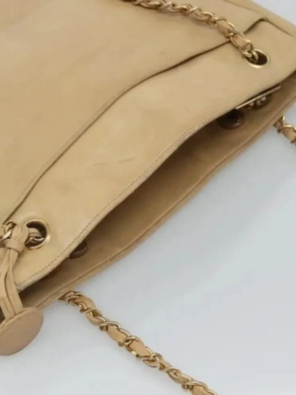 CHANEL Matelasse Chain Shoulder Bag Lamb Skin Beige CC Auth bs22414
